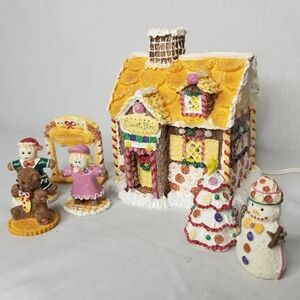 Vintage‎ Christmas Lighted Ginger Bread House Boy Girl Tree Snowman 7pc Set